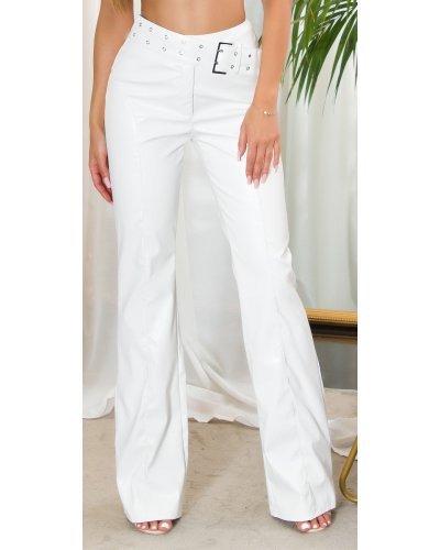 Pantaloni dama evazati, albi, din piele eco, cu talia inalta, Haseena Pantaloni piele dama, Pantaloni dama evazati, albi, din piele eco, cu talia inalta, Haseena - jojofashion.ro