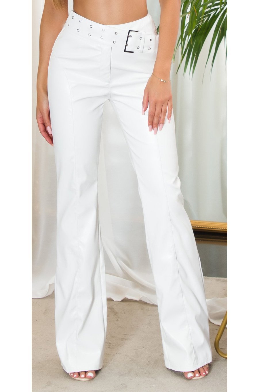 Pantaloni dama evazati, albi, din piele eco, cu talia inalta, Haseena 1 - jojofashion.ro