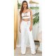 Pantaloni dama evazati, albi, din piele eco, cu talia inalta, Haseena 3 - jojofashion.ro