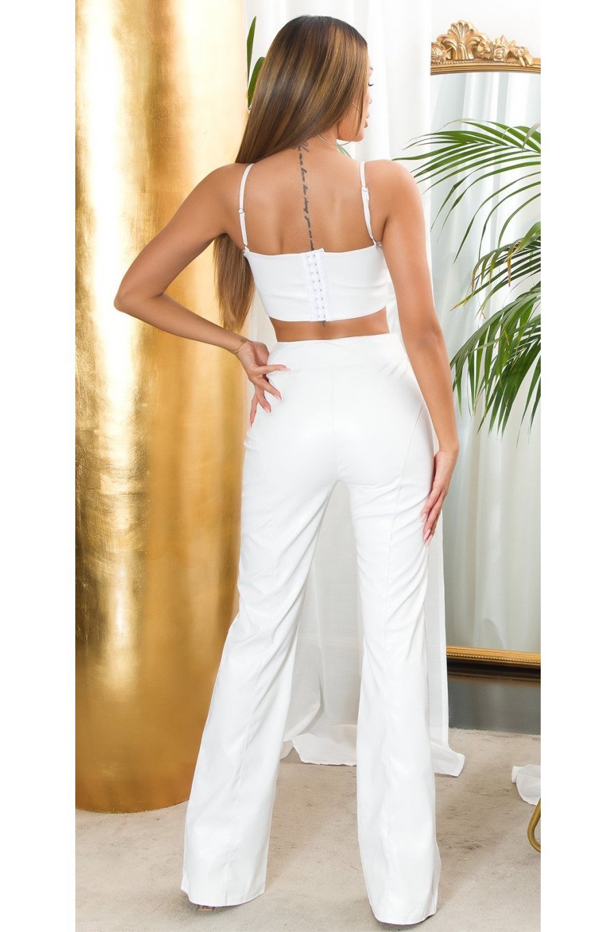 Pantaloni dama evazati, albi, din piele eco, cu talia inalta, Haseena 3 - jojofashion.ro
