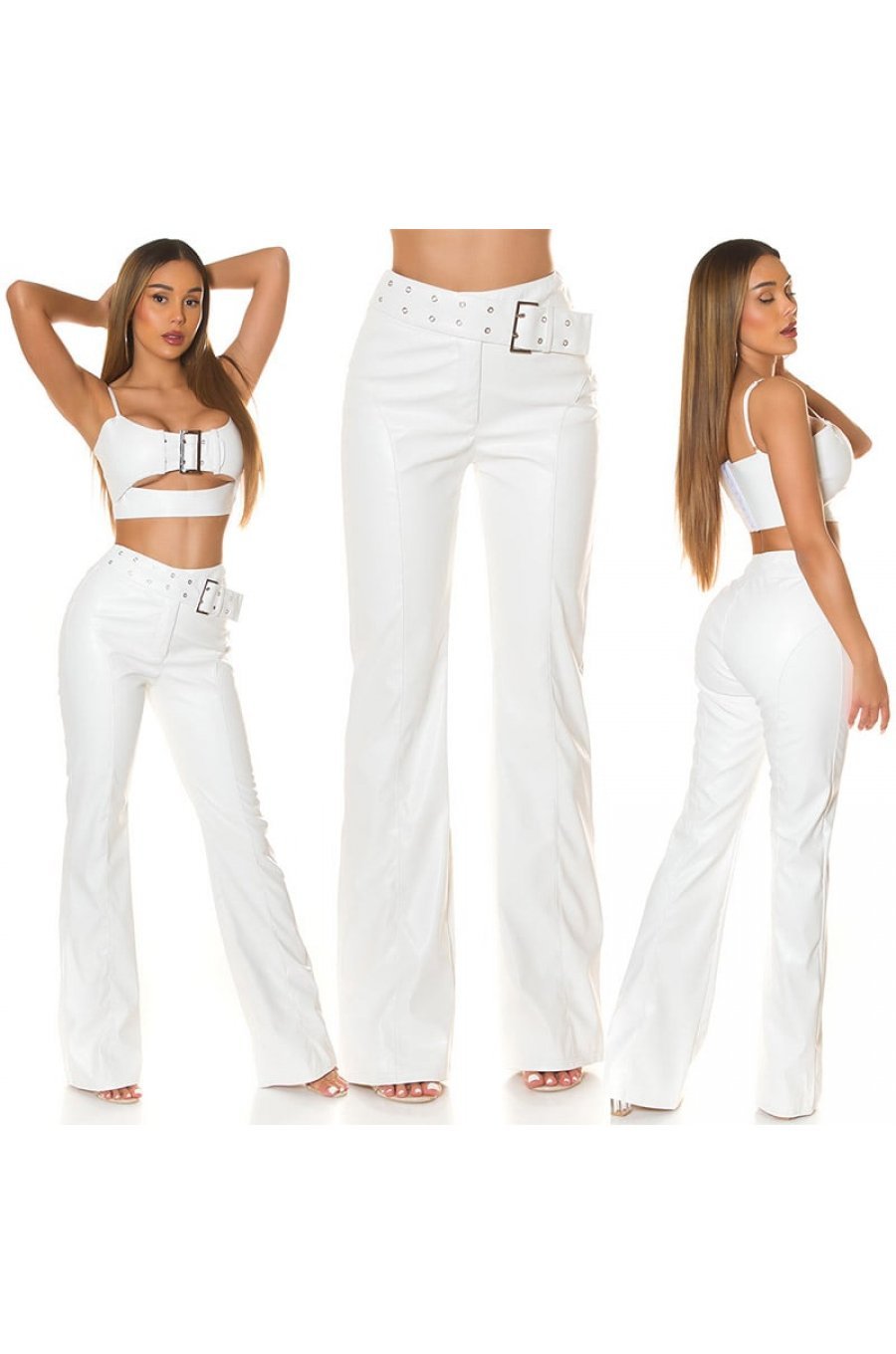 Pantaloni dama evazati, albi, din piele eco, cu talia inalta, Haseena 5 - jojofashion.ro