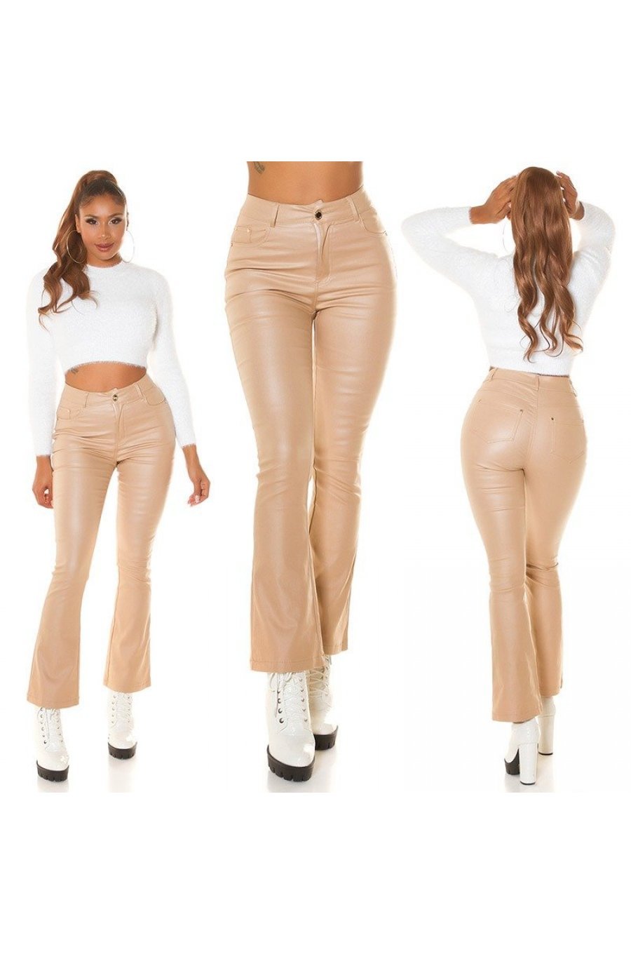Pantaloni dama evazati, bej, imitatie piele, Peyton Pantaloni dama evazati, bej, imitatie piele, Peyton 6 - jojofashion.ro
