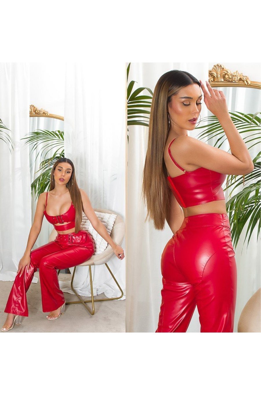 Pantaloni dama evazati, rosii, din piele eco, cu talia inalta, Haseena 4 - jojofashion.ro