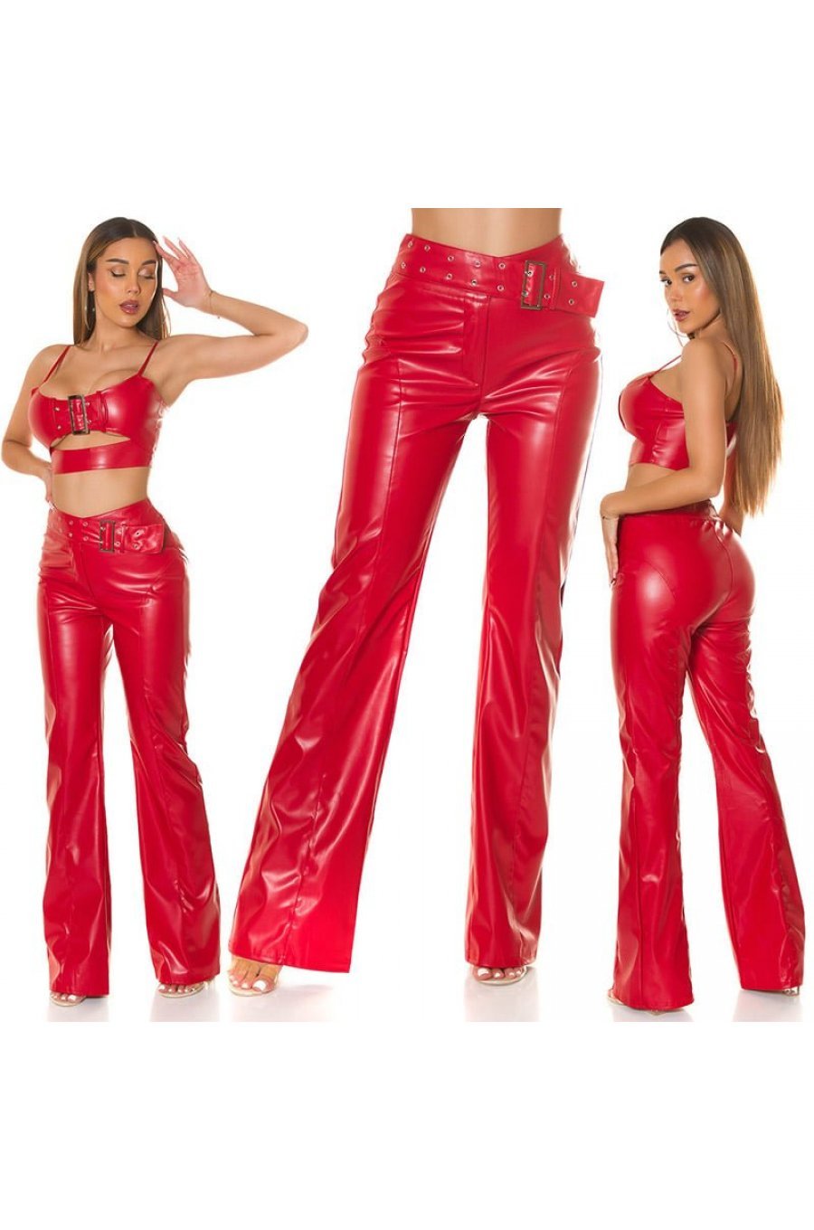 Pantaloni dama evazati, rosii, din piele eco, cu talia inalta, Haseena 5 - jojofashion.ro