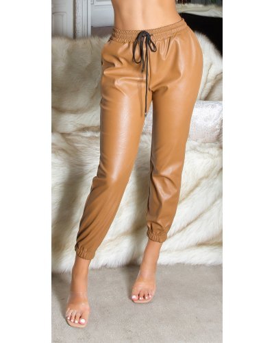 Pantaloni dama jogger, cappuccino, din piele eco, Mirabela Pantaloni piele dama, Pantaloni dama jogger, cappuccino, din piele eco, Mirabela - jojofashion.ro