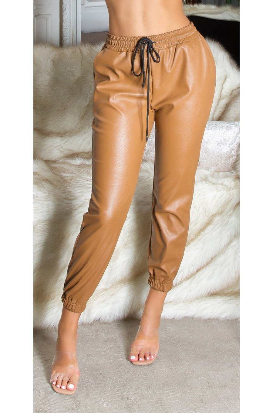 Pantaloni dama jogger, cappuccino, din piele eco, Mirabela 1 - jojofashion.ro
