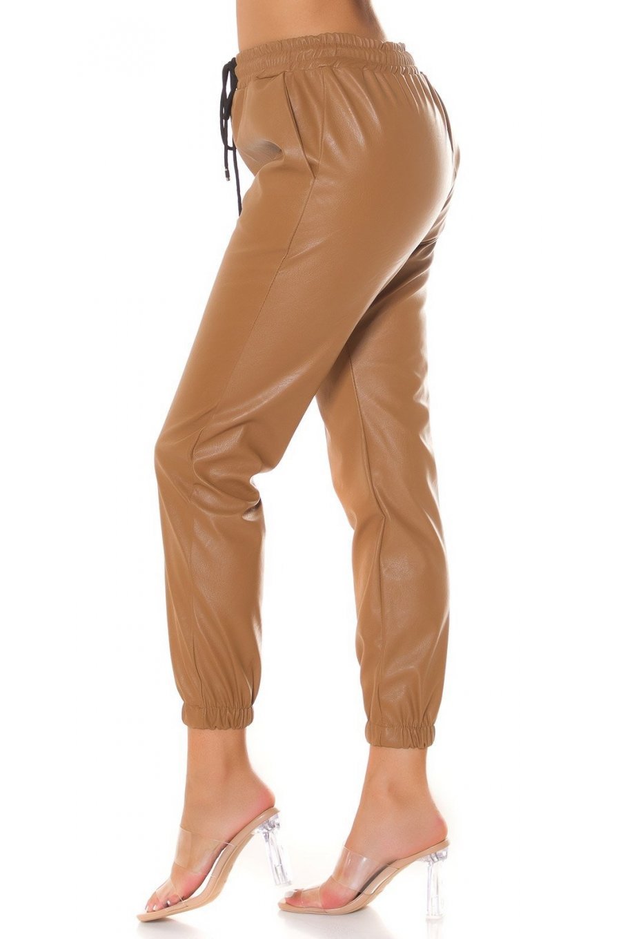 Pantaloni dama jogger, cappuccino, din piele eco, Mirabela 2 - jojofashion.ro