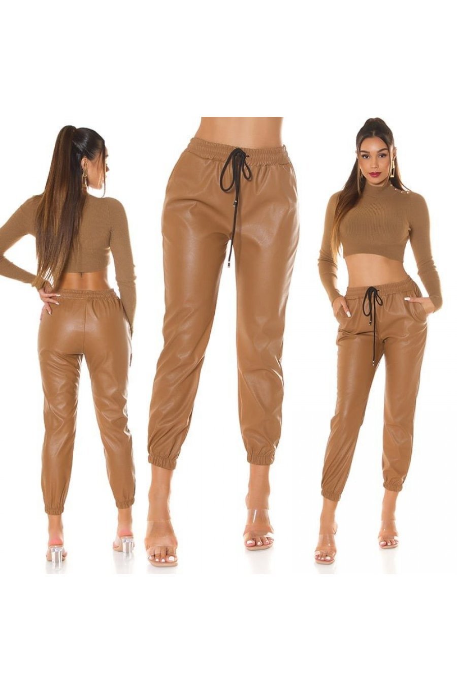 Pantaloni dama jogger, cappuccino, din piele eco, Mirabela 7 - jojofashion.ro