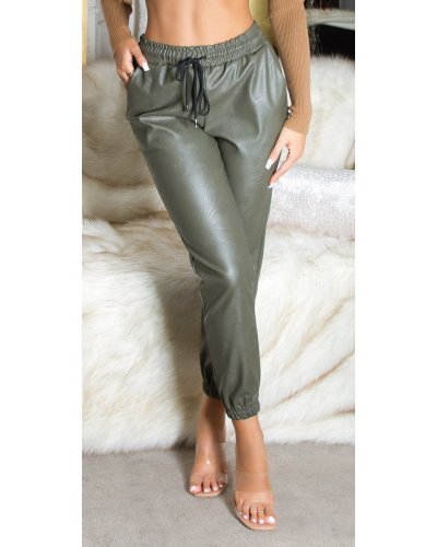 Pantaloni dama jogger, kaki, din piele eco, Mirabela Pantaloni piele dama, Pantaloni dama jogger, kaki, din piele eco, Mirabela - jojofashion.ro