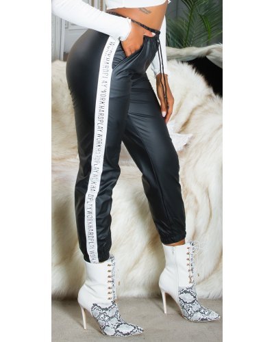 Pantaloni dama jogger, negri, din piele eco, cu talie inalta si dunga alba, Yaritza Pantaloni piele dama, Pantaloni dama jogger, negri, din piele eco, cu talie inalta si dunga alba, Yaritza - jojofashion.ro