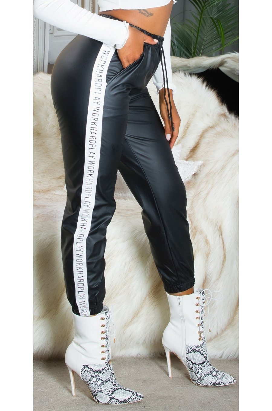 Pantaloni dama jogger, negri, din piele eco, cu talie inalta si dunga alba, Yaritza 1 - jojofashion.ro