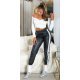 Pantaloni dama jogger, negri, din piele eco, cu talie inalta si dunga alba, Yaritza 4 - jojofashion.ro