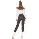 Pantaloni dama jogger, negri, din piele eco, cu talie inalta si dunga alba, Yaritza 8 - jojofashion.ro