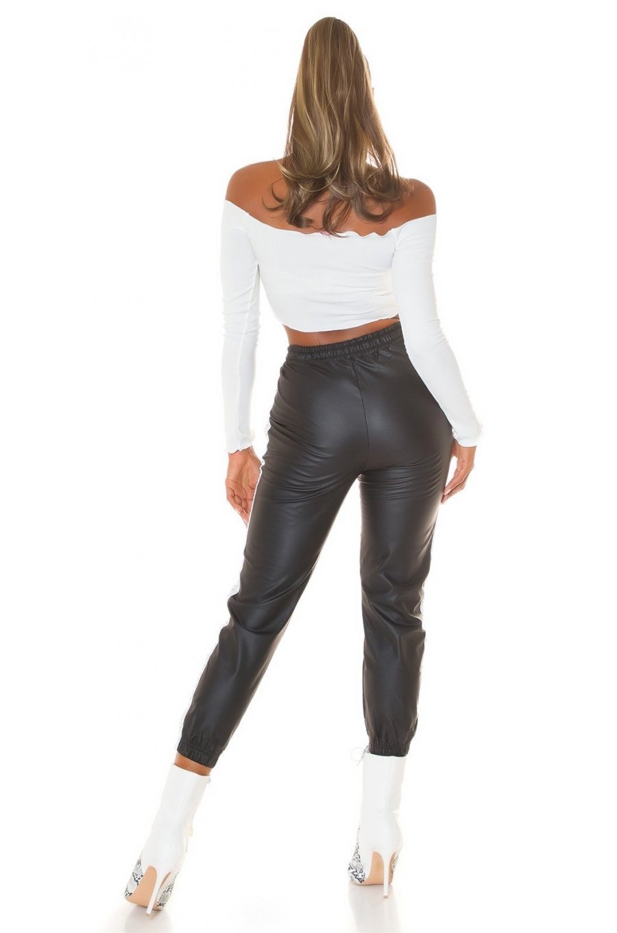 Pantaloni dama jogger, negri, din piele eco, cu talie inalta si dunga alba, Yaritza 7 - jojofashion.ro