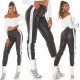 Pantaloni dama jogger, negri, din piele eco, cu talie inalta si dunga alba, Yaritza 9 - jojofashion.ro