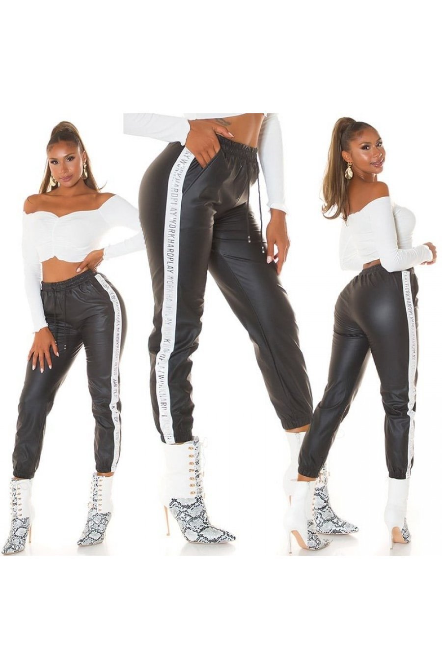 Pantaloni dama jogger, negri, din piele eco, cu talie inalta si dunga alba, Yaritza 8 - jojofashion.ro