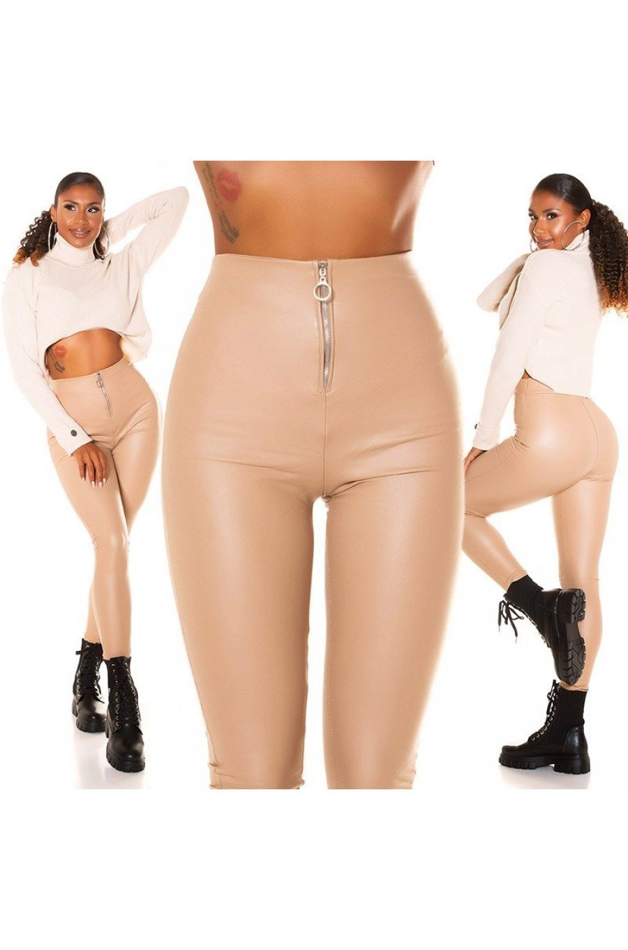 Colanti dama mulati, bej, piele eco, cu talia inalta, Brexyne 5 - jojofashion.ro