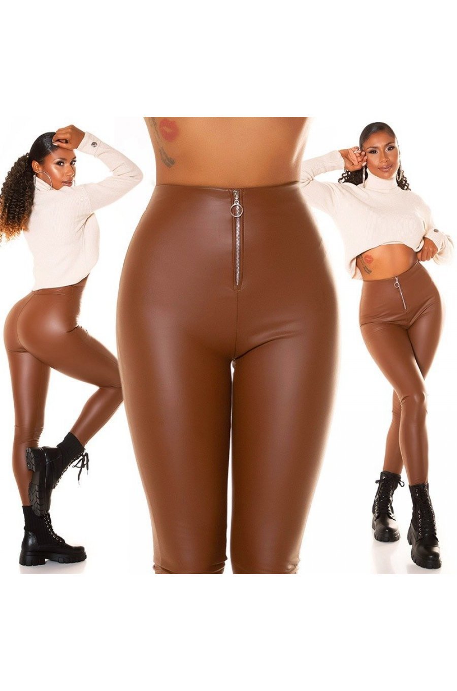Colanti dama mulati, maro, piele eco, cu talia inalta, Brexyne 6 - jojofashion.ro