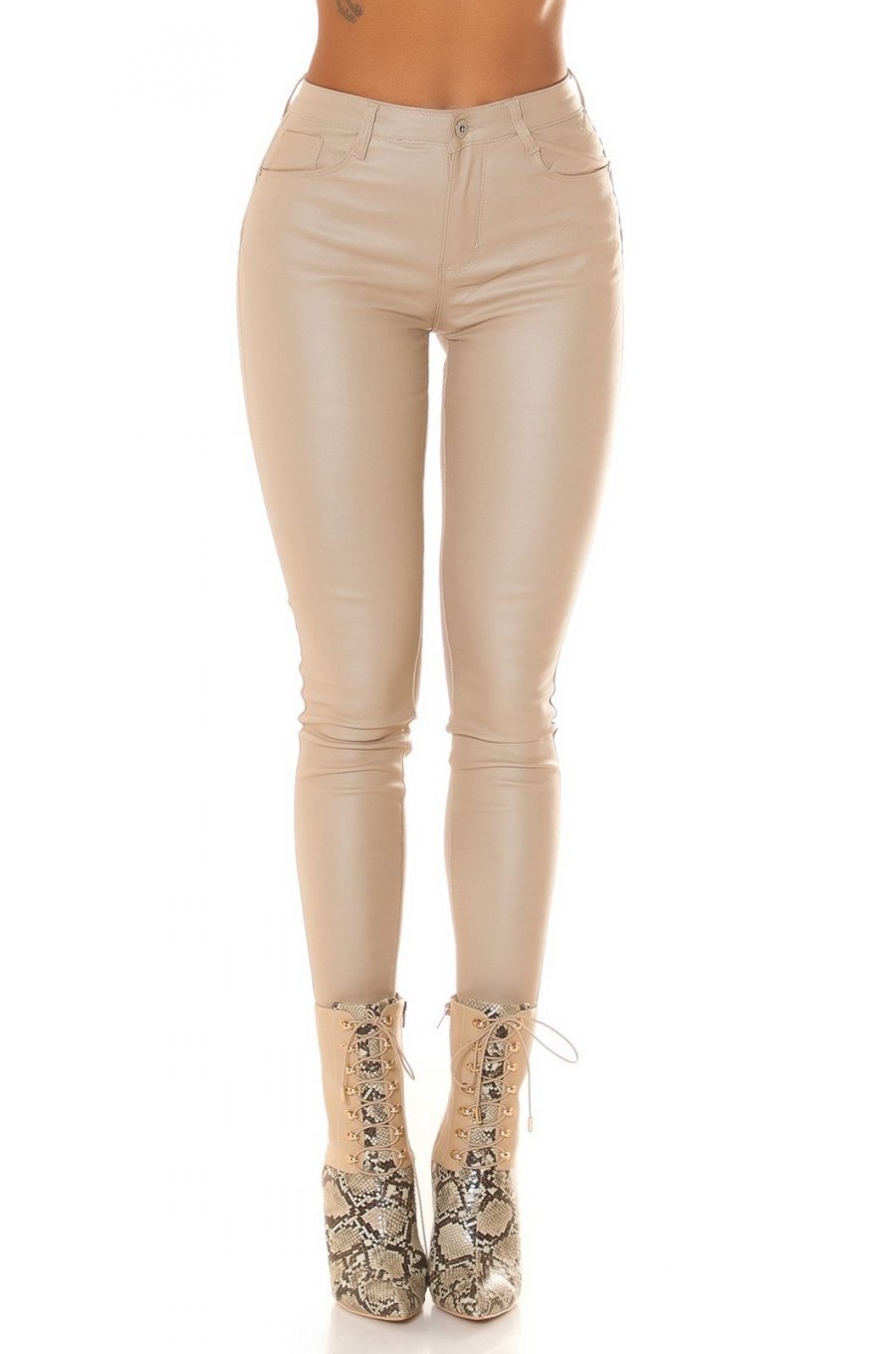 Pantaloni dama mulati, push up, bej, din piele eco, cu talia inalta, Dayann 1 - jojofashion.ro