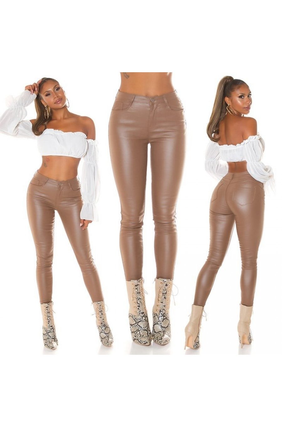 Pantaloni dama mulati, push up, cappuccino, din piele eco, cu talia inalta, Dayann 7 - jojofashion.ro