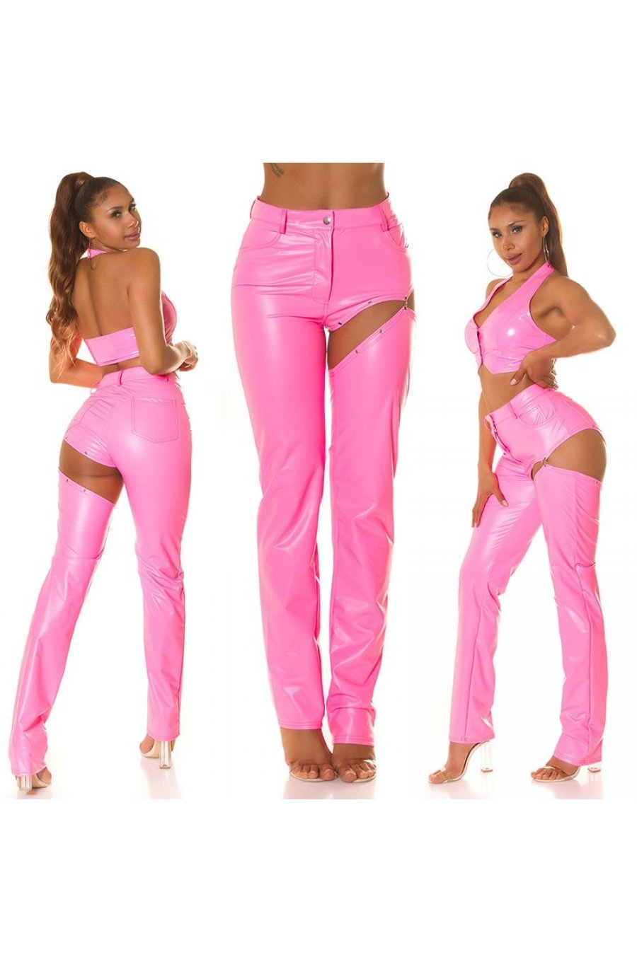 Pantaloni dama, roz bombon, din piele eco, cu decupaje pe picior, Rhea 5 - jojofashion.ro