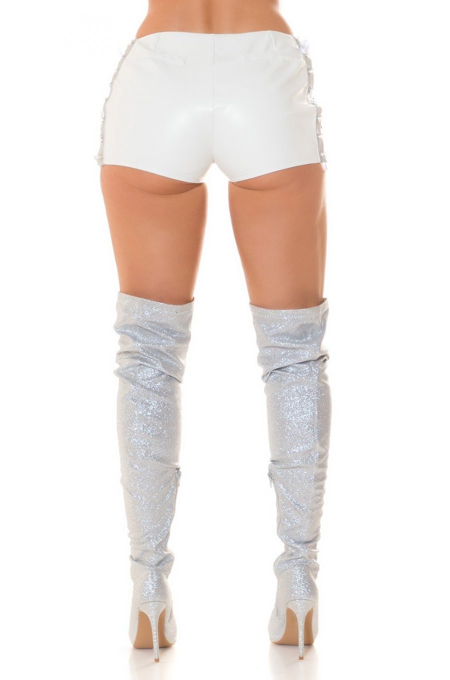 Pantaloni dama scurti, albi, din piele eco, cu snur reglabil, Terry 4 - jojofashion.ro