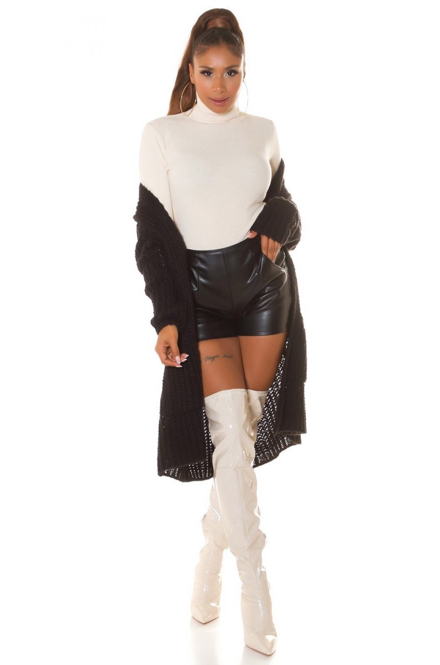 Pantaloni dama, scurti, negri, piele eco, cu talia inalta, Beltaine 4 - jojofashion.ro