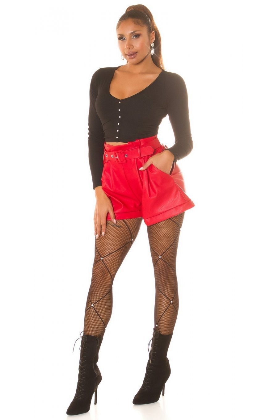 Pantaloni dama scurti, rosii, din piele eco, Dalma 3 - jojofashion.ro