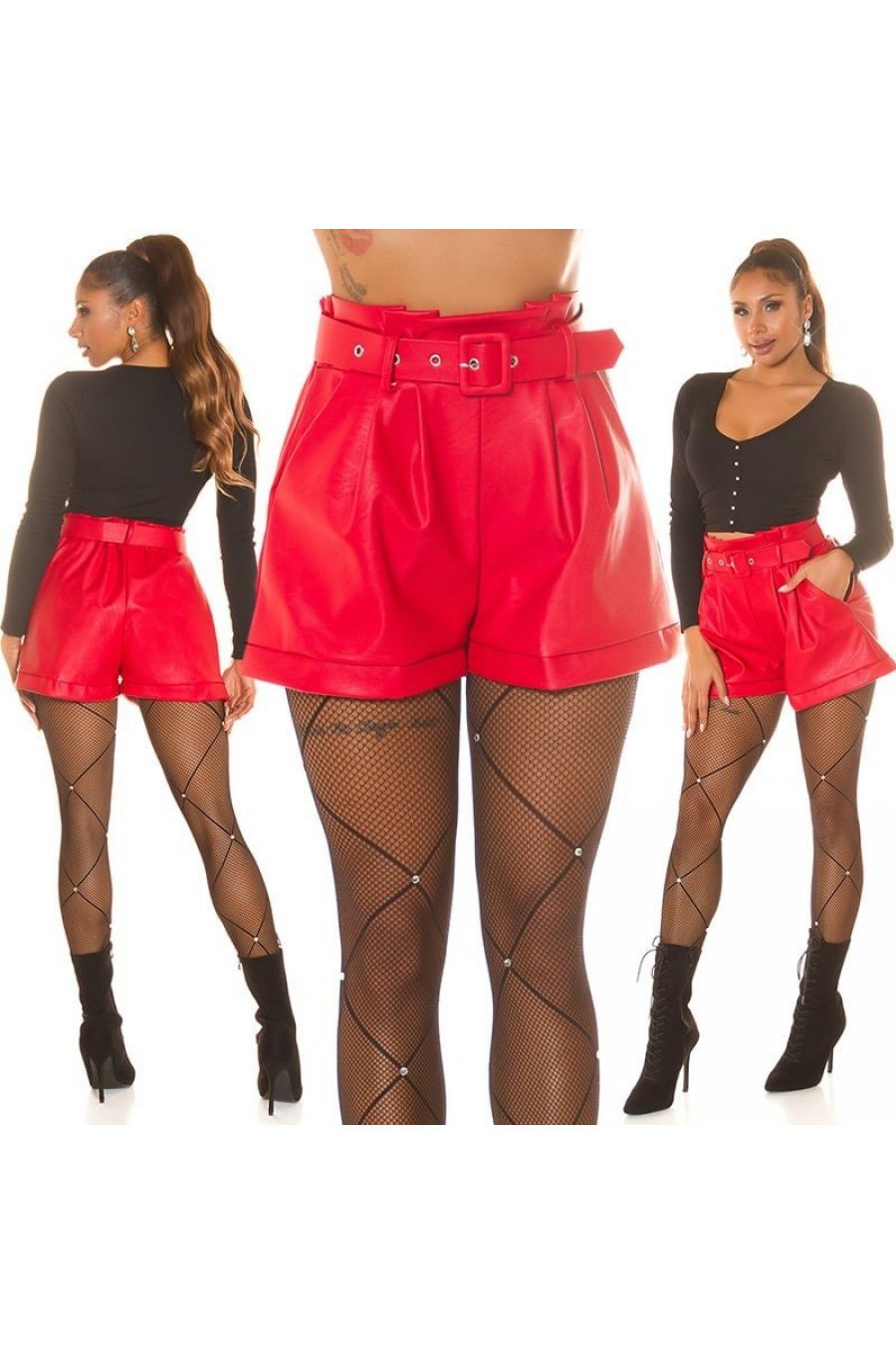Pantaloni dama scurti, rosii, din piele eco, Dalma 6 - jojofashion.ro