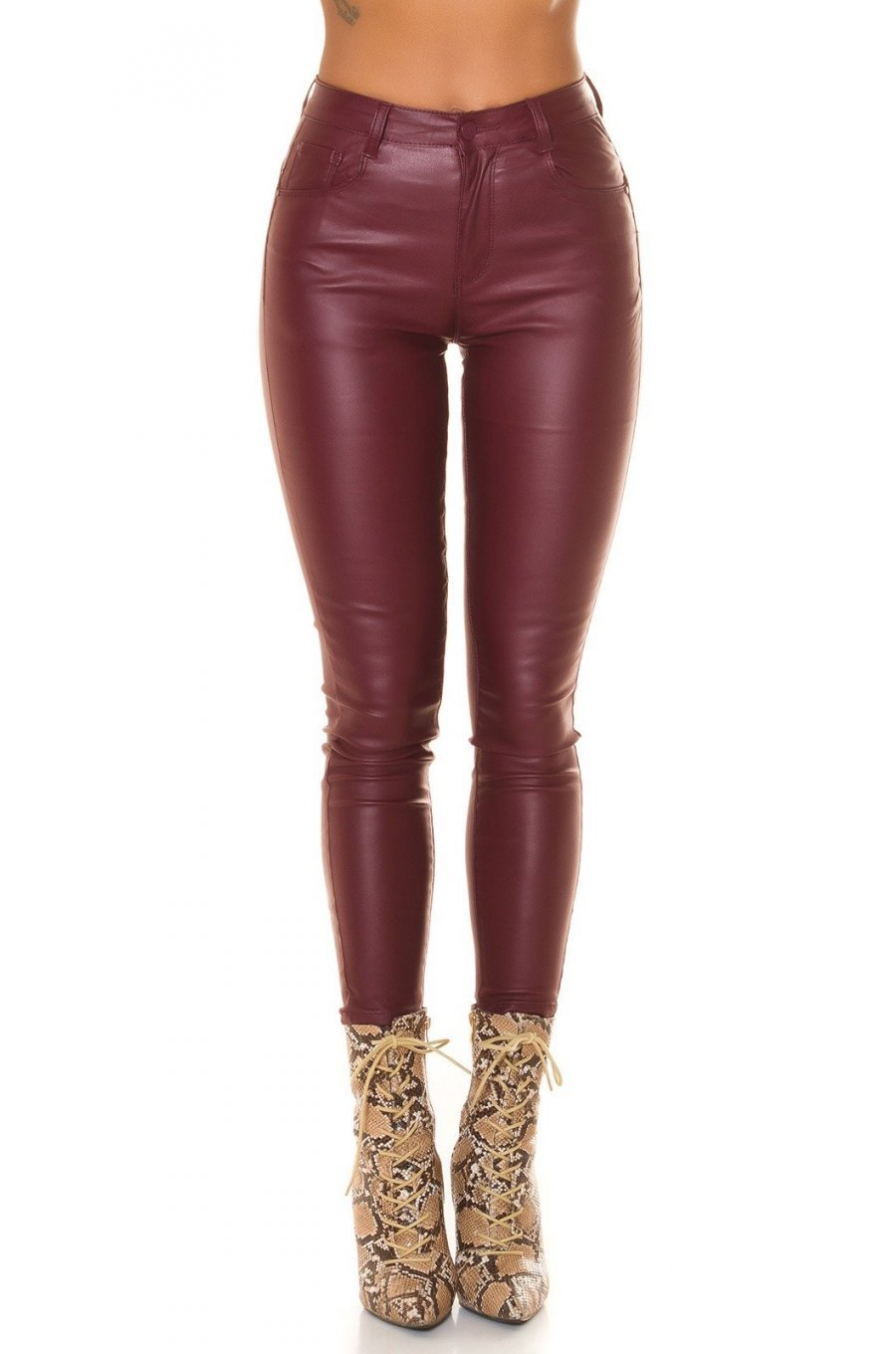 Pantaloni dama skinny, burgundy, imitatie piele, mulati, Lexi 1 - jojofashion.ro