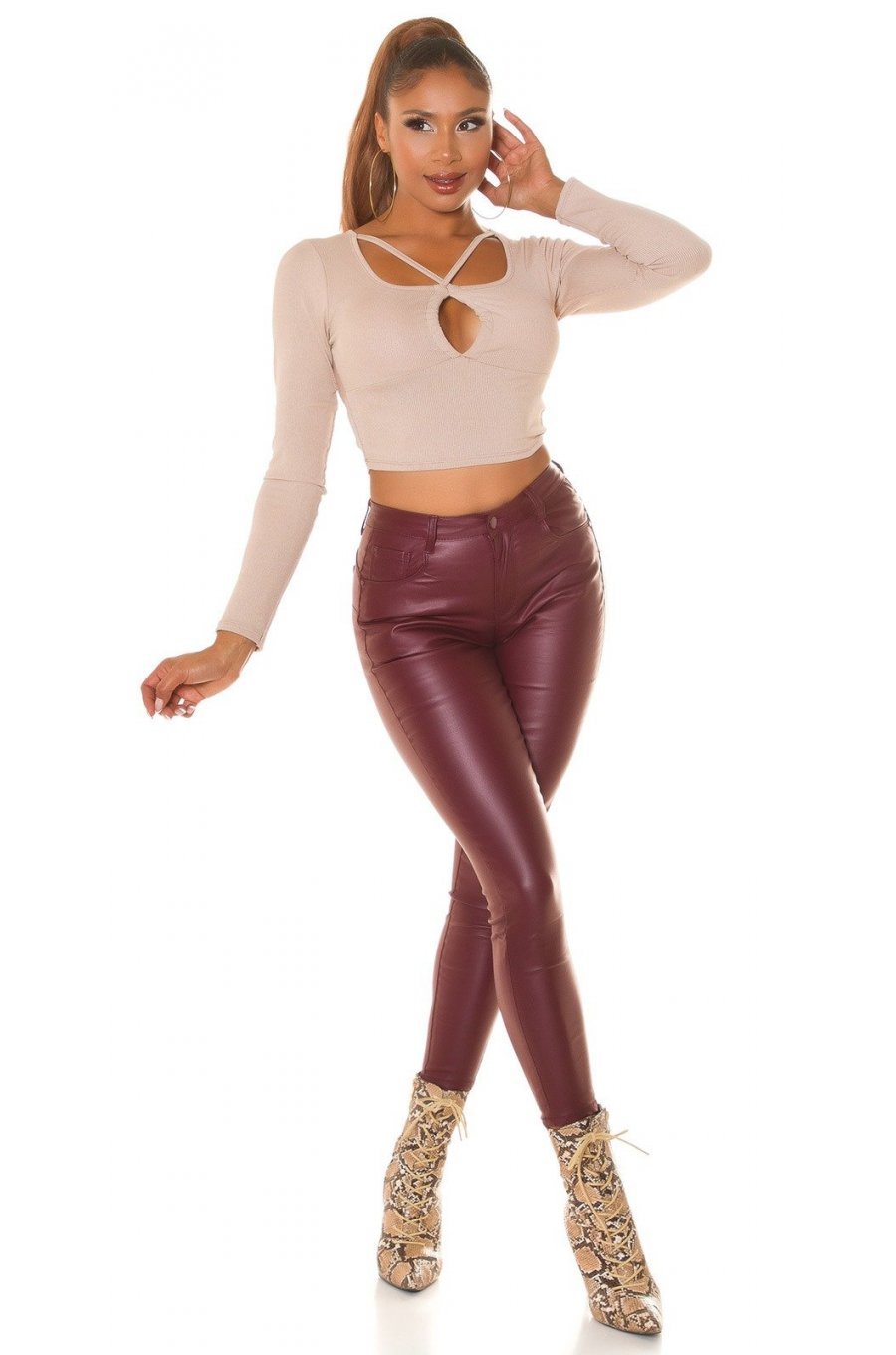 Pantaloni dama skinny, burgundy, imitatie piele, mulati, Lexi 6 - jojofashion.ro