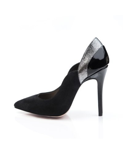 Pantofi de dama eleganti din piele intoarsa neagra si argintie Ella - jojofashion.ro