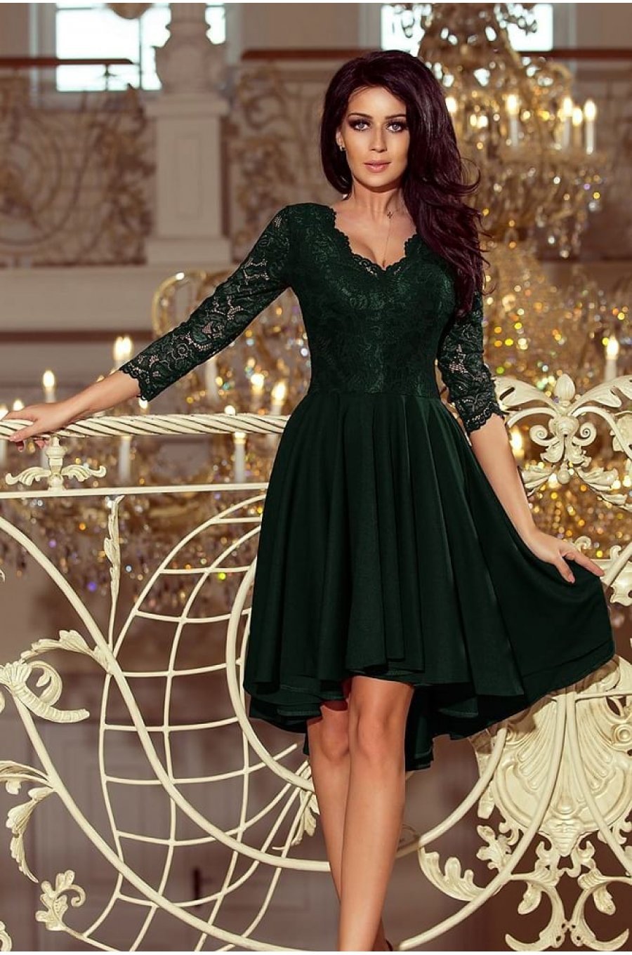 Rochie eleganta midi, dantela, verde, cu maneca lunga, asimetrica, Anastasia  1 - jojofashion.ro