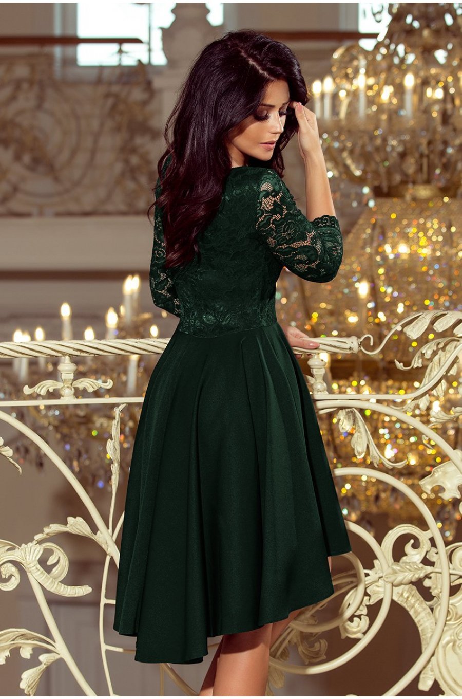 Rochie eleganta midi, dantela, verde, cu maneca lunga, asimetrica, Anastasia  2 - jojofashion.ro