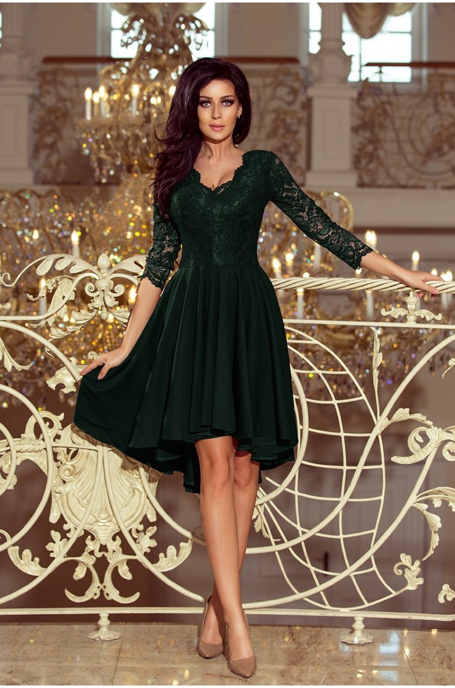 Rochie eleganta midi, dantela, verde, cu maneca lunga, asimetrica, Anastasia  3 - jojofashion.ro