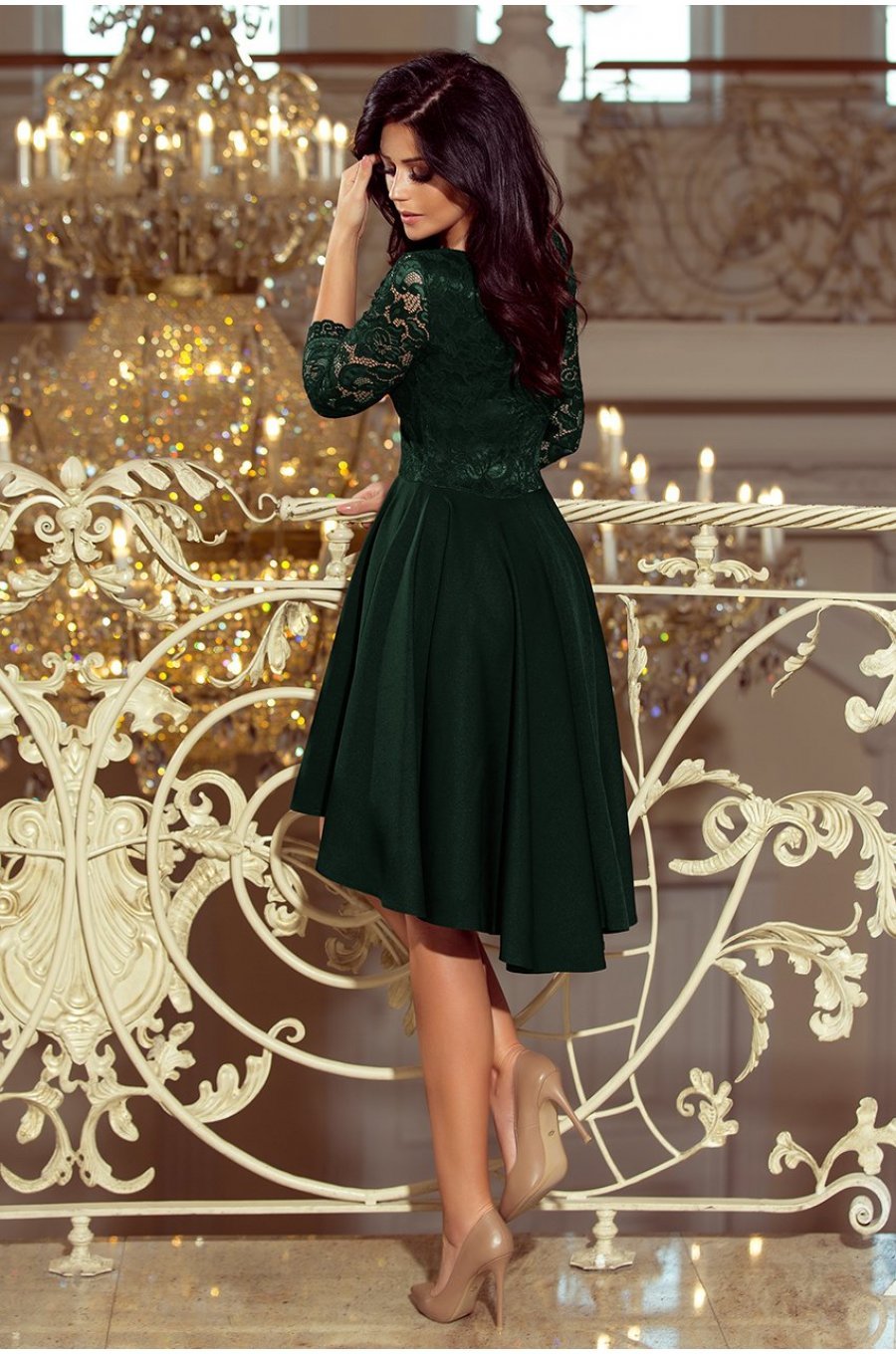 Rochie eleganta midi, dantela, verde, cu maneca lunga, asimetrica, Anastasia  4 - jojofashion.ro
