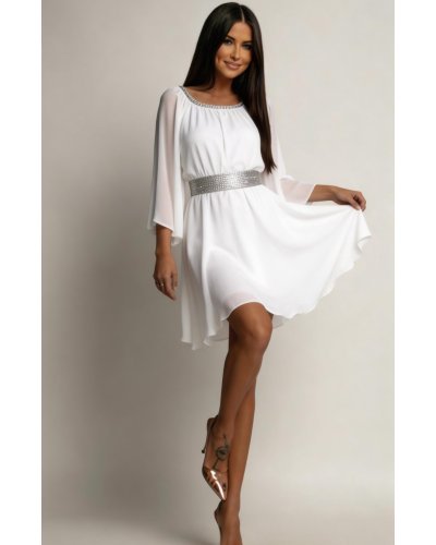 Rochie cununie civila scurta, din voal, alba, cu maneca lunga, vaporoasa, Alexia - jojofashion.ro