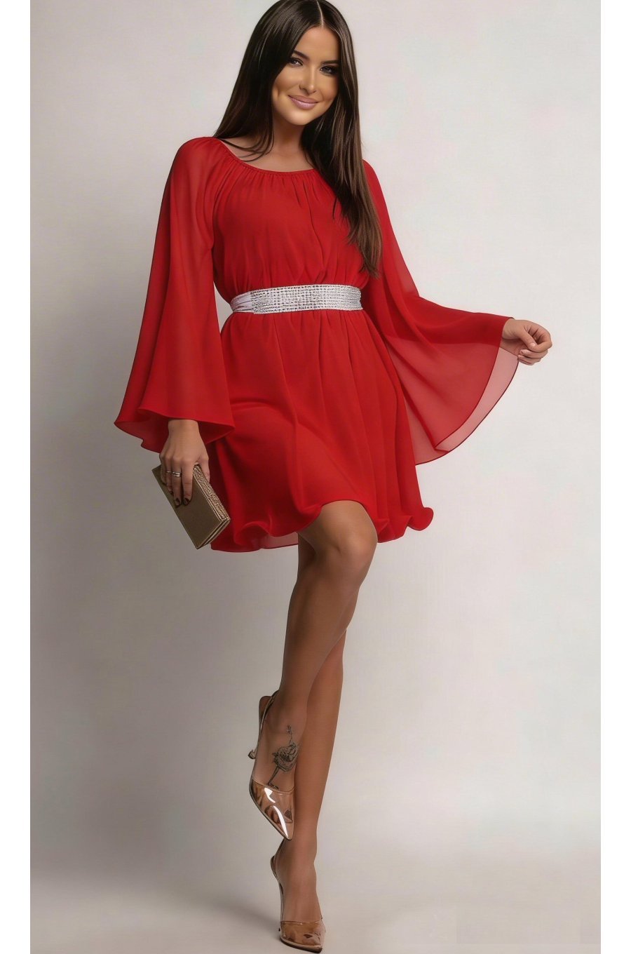 Rochie midi rosie din voal vaporoasa Alexia 1 - jojofashion.ro