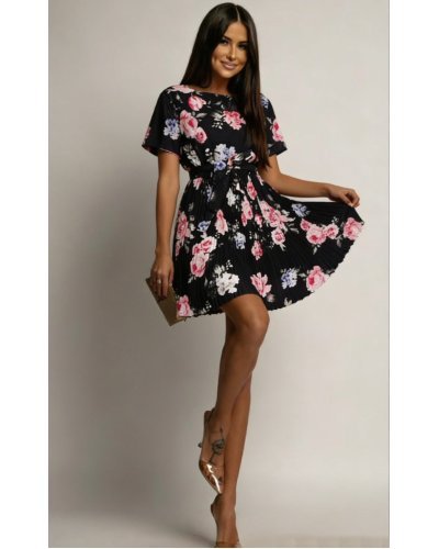 Rochii cu flori, Rochie de ocazie midi vaporoasa plisata multicolora Ayse - jojofashion.ro