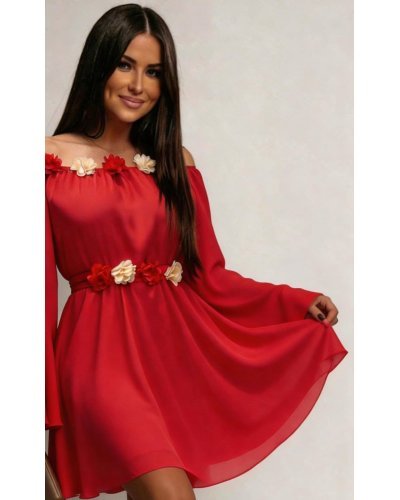 Rochii de Ocazie Elegante, Rochie scurta rosie din voal vaporoasa cu maneca lunga Raisa - jojofashion.ro