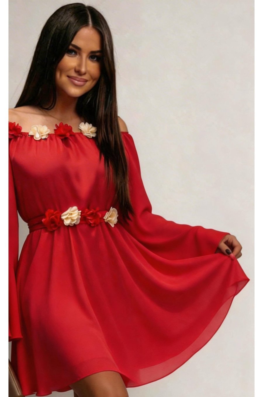 Rochie scurta rosie din voal vaporoasa cu maneca lunga Raisa 3 - jojofashion.ro