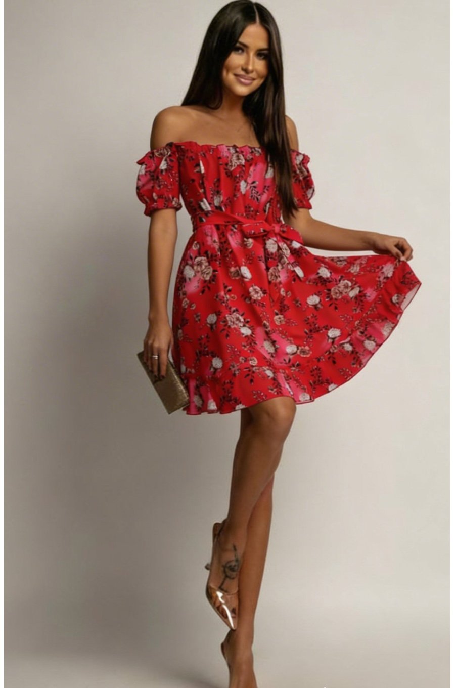 Rochie de vara scurta rosie cu flori in clos Pinky 1 - jojofashion.ro