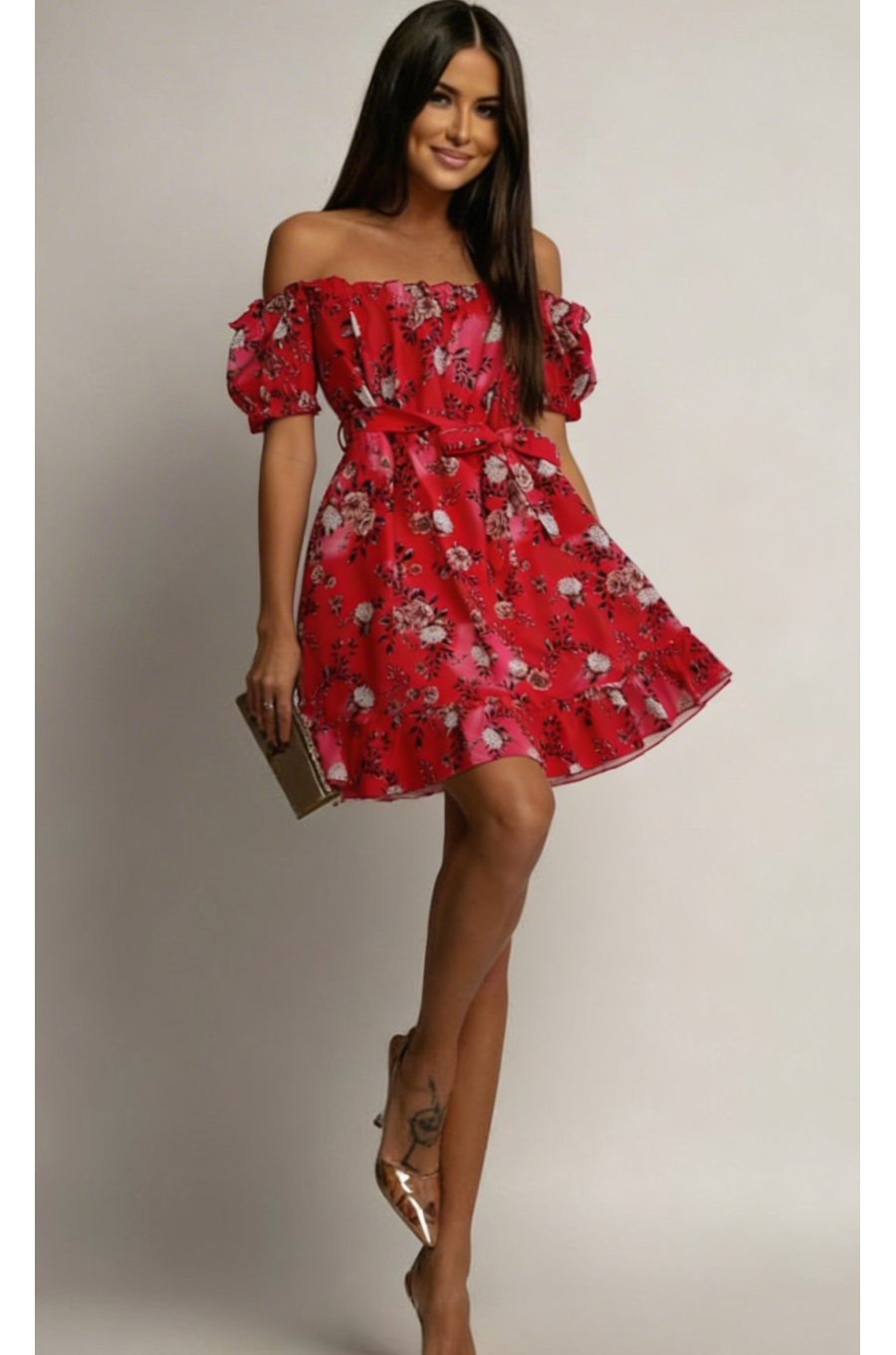 Rochie de vara scurta rosie cu flori in clos Pinky 2 - jojofashion.ro