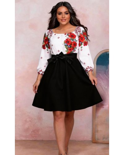 Rochii traditionale, Rochie midi traditionala din tafta neagra cu maci Azra - jojofashion.ro