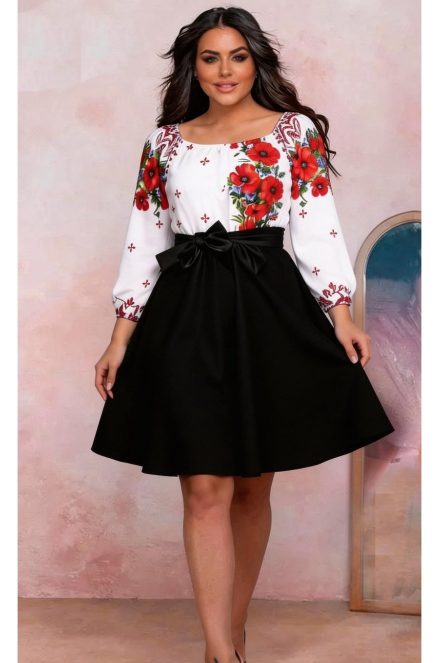 Rochie midi traditionala din tafta neagra cu maci Azra 2 - jojofashion.ro