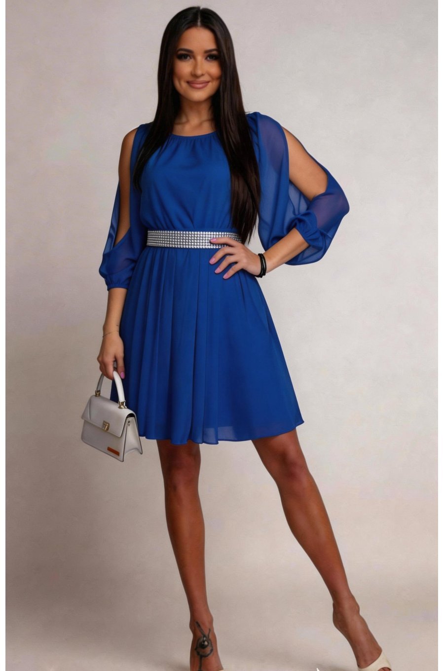 Rochie scurta albastra din voal cu maneca lunga Larra 1 - jojofashion.ro