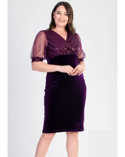 Rochie marime mare midi cu paiete mov pe bust Blanka Rochii, Rochie marime mare midi cu paiete mov pe bust Blanka - jojofashion.ro