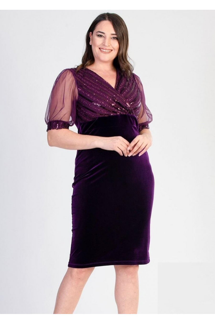 Rochie marime mare midi cu paiete mov pe bust Blanka 1 - jojofashion.ro