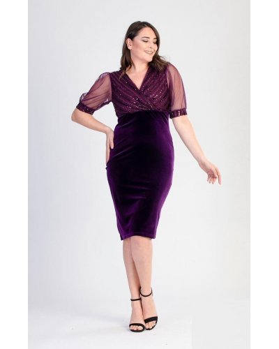 Rochie marime mare midi cu paiete mov pe bust Blanka Rochii, Rochie marime mare midi cu paiete mov pe bust Blanka - jojofashion.ro