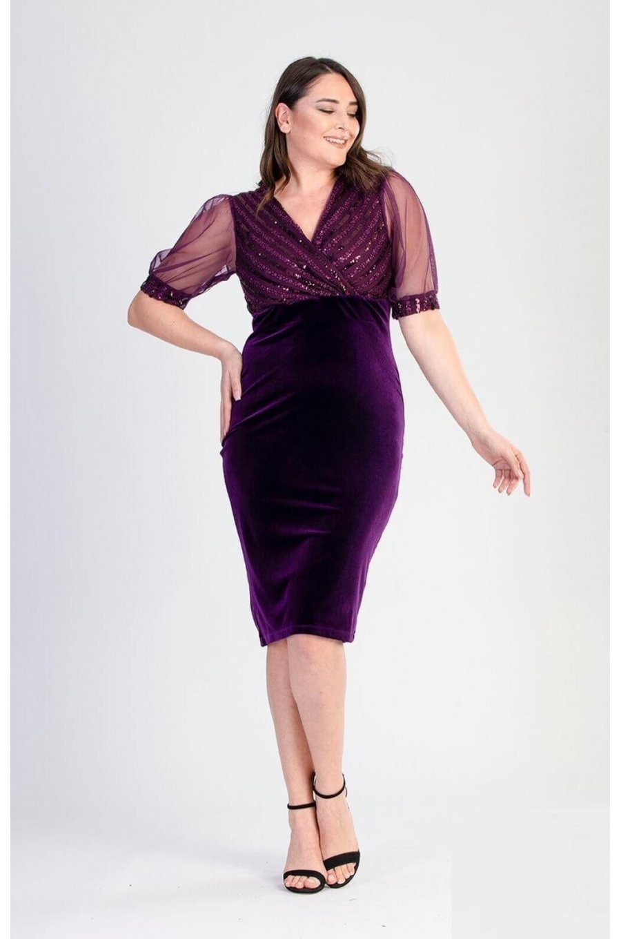 Rochie marime mare midi cu paiete mov pe bust Blanka 2 - jojofashion.ro